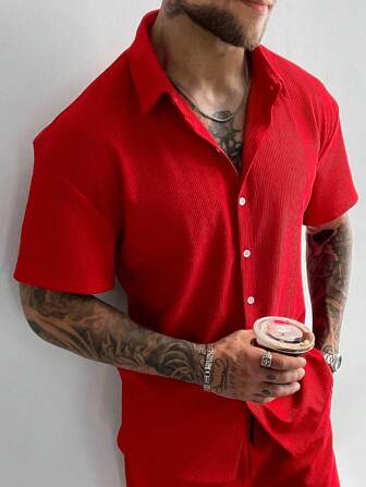 Men's Casual Knitwear Shirts High Quality Solid Color Stripe Fabric Lapel Short Sleeve Button-Down Shirt, Suitable For Summer, Suitable For Daily Wear And Office, Suitable For Father's Day Gift