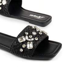 Hot New Women's Black Pu Slide Flat Sandal Square Toe Vacation Casual Rheinstone Shoes - Black - View 3