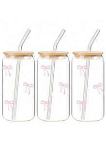 1pc 16oz Transparent Coffee Cup With Bowknot Design, Comes With Bamboo Lid And Straw, Large Capacity Outdoor Travel Portable Beverage/Juice Cup, Suitable For Summer And Winter, Birthday/Holiday Party Gift, Christmas Gift Glass Water Bottle