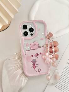 奶油纹理波浪边亮面粉色可爱小猪彩绘防震手机壳，配有手工串珠手链配件，兼容 16/11/16pro/16plus/16promax/16e/15Promax/13/14/12/XS/XR/7G/8P，兼容三星 Galaxy S25/S25PLUS 防水防摔防刮 - 彩色 - 查看 2