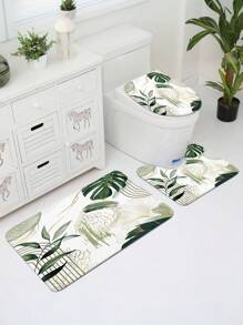 1/3pcs Modern Home Green Leaf Pattern Bathroom Set, Including Bath Mat, U-Shaped Mat, Toilet Seat Cover, Anti-Slip Thick Soft Carpet Mat For Bathroom, Toilet, Living Room, Washable
