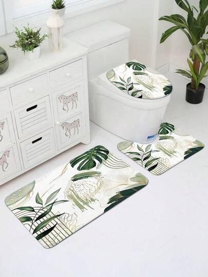 1/3pcs Modern Home Green Leaf Pattern Bathroom Set, Including Bath Mat, U-Shaped Mat, Toilet Seat Cover, Anti-Slip Thick Soft Carpet Mat For Bathroom, Toilet, Living Room, Washable