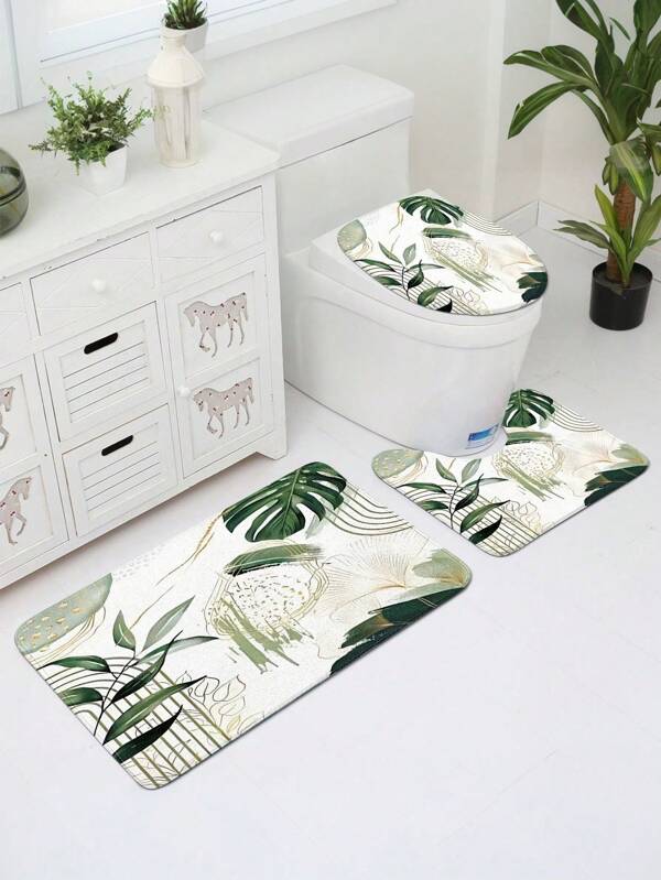 1/3pcs Modern Home Green Leaf Pattern Bathroom Set, Including Bath Mat, U-Shaped Mat, Toilet Seat Cover, Anti-Slip Thick Soft Carpet Mat For Bathroom, Toilet, Living Room, Washable