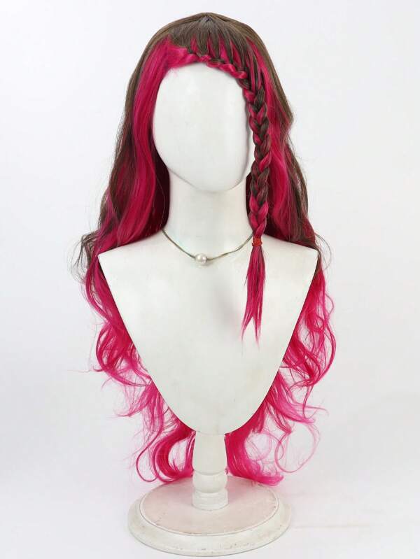 29inch Brown & Pink Ombre Wig, Mid-Length Wavy Braid Bang Wig, Synthetic Fiber Cosplay Wig With Wig Cap, Unisex For Costume Party, Halloween, Christmas, Everyday Wear