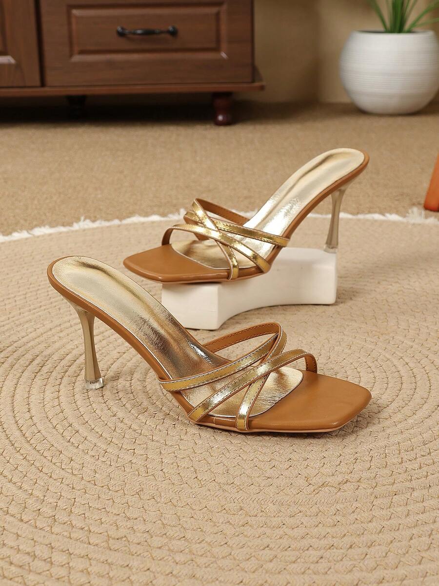 Women's Solid Gold Strap Stiletto Heeled Sandals, Elegant Fashionable French Chic Style Light Weight High Heel Sandals, PU Leather Criss-Cross Strap High Heels For Party, Outdoor, Beach, All Seasons - Brown Gold - View 1