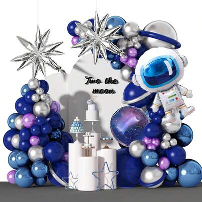 123 pièces Set de guirlande de ballons espace, comprenant des ballons en latex bleu nuit, bleu métallique, violet métallique, argent et des ballons en feuille d'aluminium astronaute, ciel étoilé, étoile explosante. Parfait pour les décorations de fête d'anniversaire, décorations de salle de bain, fournitures de fête d'anniversaire thème astronaute.