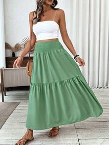 Women's Maxi Skirt Casual Ruffled Hem Ladies Summer A-Line Long Skirts - 草綠 - 查看 5