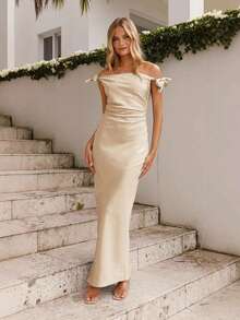 Elegant Off Shoulder Tied Dress - Beige - View 1