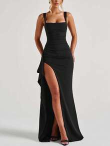 Vestido largo negro elegante y sexy con abertura, de corte ajustado y modesto, para fiestas, eventos, vacaciones y primavera-verano