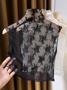 Lace Detachable Collar, Fashionable High Neck Frill Trim Mesh Camisole Top, Layering Sleeveless Tank Top - Black - View 3