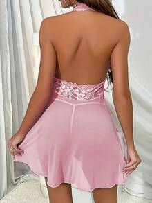 Women's Pink Sexy Halter Neck Nightdress And Briefs Set - Pink - View 4