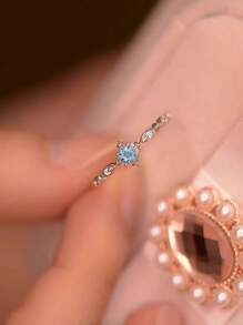 1pc S925 Sterling Silver Chic Sun Design Vintage Elegant Seawater Blue Zirconia Fashion Ring, Versatile Daily/Party Wear Gift Jewelry For Women