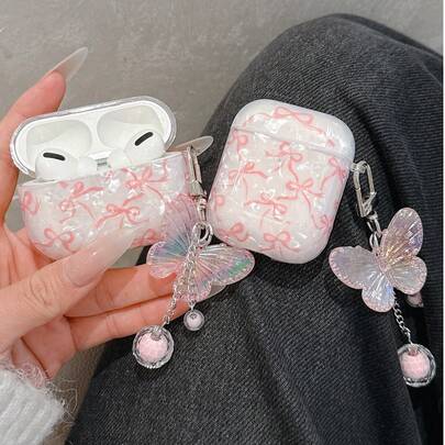 Pink Bow Charm Unique Shell Pattern Bluetooth Earphone Cases Compatible With Airpods 3, Compatible With Airpods Pro 2nd Gen, Pro 3, New 4 Wireless Bluetooth Earphones Protection Case Spring Gift