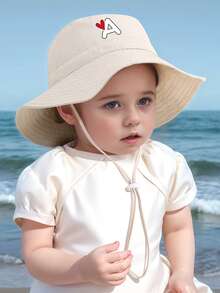 1 pieza Sombrero de sol para niños con patrón de corazón y letra, con cordón ajustable a prueba de viento, estilo casual tipo cubo para uso diario al aire libre, playa, protección solar - Beis - Ver 5