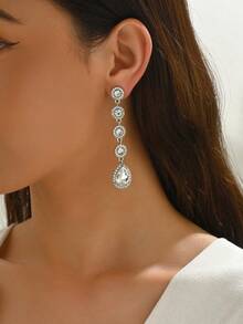 1 par de pendientes de clip con forma de lágrima con incrustaciones de rhinestone, adecuados para uso diario y fiestas para mujeres - Plateado - Ver 2