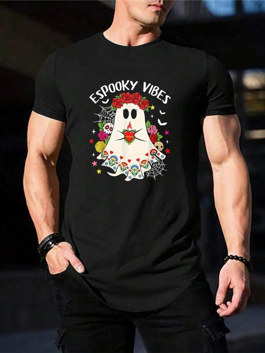 Camiseta de Hombre con Fantasma Espeluznante - Camiseta para Disfraz de Día de Muertos Halloween, Camiseta Divertida de Halloween, Perfecta para Fiestas de Halloween, Amantes de Fantasmas - Regalo para Marido - Negro - Ver 1