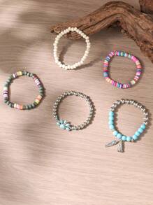 5pcs Bohemian Handmade Beaded Bracelet Imitation Turquoise Bear Paw Feather Design Elastic Stacking For Men And Women Party Music Festival Gifts Denim Western