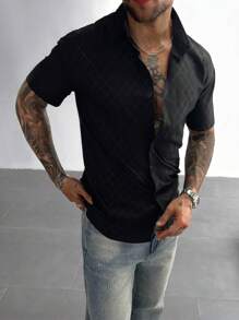 Men's Dress Shirts,Solid Color Geometric Diamond Check Short Sleeve Shirt,Button-Down Business-Casual Shirts With A Regular Fit, Which Are Highly Suitable For Wearing At Wedding Parties, At Work Or In The Office,For Father's Day Gift