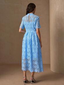 优雅圆领后背拉链腰部褶皱 A 字下摆蕾丝花边奢华女士连衣裙 - 淺藍色 - 查看 2