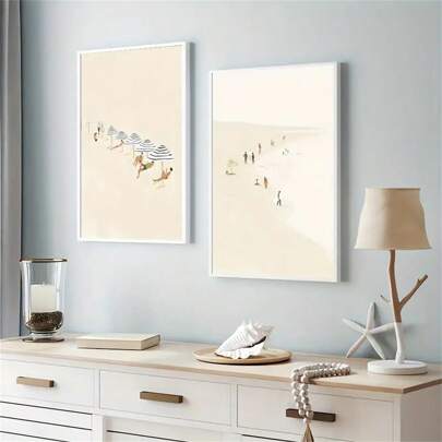1 Pieza/2 Piezas Decoración de pared arte de playa costera de verano Pósteres minimalistas beige bohemios Pequeñas personas surfeo océano Estética Impresiones en lienzo Pinturas de moda para decoración de sala de estar, dormitorio, oficina en casa, dormitorio Diseño de fondo de pared Imagen con marco opcional