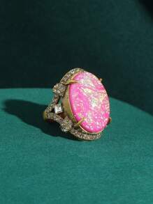 1 peça anel aberto ajustável retrô vintage de cobre falso banhado a ouro 18k em formato oval com opala falsa e esmeralda, 3 cores disponíveis