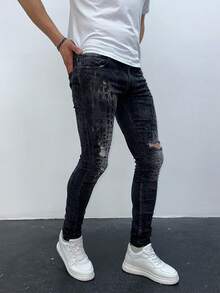 Men's Black Acid-Washed Skinny Jeans With Crocodile Texture & Ripped Detail - Black - View 7