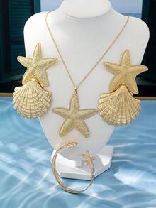 4pcs Exaggerated Sexy Metal Starfish, Shell, Spiral Design Bracelet Necklace Earrings Jewelry Set, Perfect For Charming Ladies, Dancing, Festivals, Outfits, Swimwear, All Season