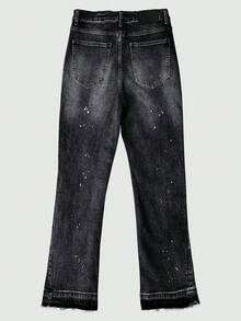 Casual High-End Minimalist Versatile Water-Washed Distressed Hem Men's Jeans, Button & Zipper Closure Slim Straight Leg Pants, Suitable For All Seasons