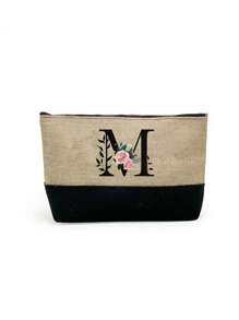 1 set, Bolso de mano tipo tote con estampado de flores con inicial A y correas para el hombro & Set de bolsas de maquillaje con iniciales de la A a la Z, bolso de regalo personalizado con bolsillos laterales, bolso de playa con pañuelo, bolsos de almacenamiento portátiles y de ocio, bolsas de compras multifuncionales, bolsa de almacenamiento simple para viajes