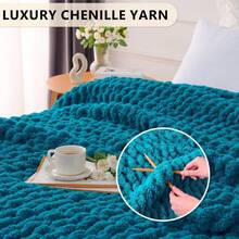 Chunky Knit Blanket - Soft Chenille Yarn Throws 40x50: Handmade Thick Cable Crochet Blanket - Large Chunky Yarn Rope Knot Throw For Couch, Sofa, Bed Home Decor - 藍綠色 - 查看 3