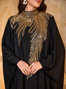 SUPGIR Women's Mandarin Collar Batwing Sleeve Sequin Patchwork Chiffon Elegant Slim-Fitting Evening Dress - Black - View 4