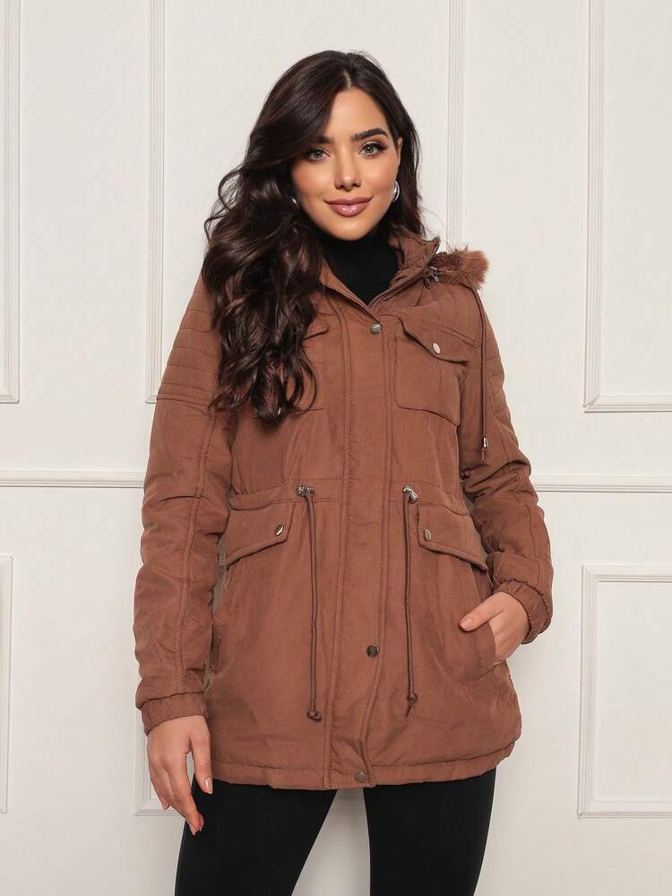 Women's Twill Parka Coat Plush Lined Overcoat Winter Fashion - 駝色 - 查看 8