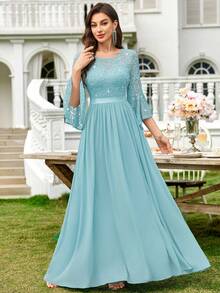 MIUSOL Sequin Floral Lace Bell Sleeve Colorblock Chiffon Ruffle Hem Formal Party Dress, Wedding Guest Gown - Mint Blue - View 4