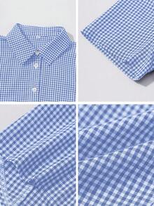 Sunny Girly Y2K Back To School Season Cotton Fitted Collared Short Sleeve Shirt, Button Closure, Blue Plaid Academic Style Top - Baby Blue - View 11