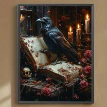 Kit de peinture diamant 5D, raven sombre et livre ancien, ensemble de peinture diamant rond complet, convient aux adultes, peinture décorative adhésive pour la maison, convient aux débutants, décoration murale 11,8*15,7 pouces