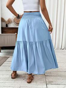 Women's Long Ditsy Floral Skirt, Casual Elastic Waist With Pockets, Ruffle Hem, A-Line Skirt For Summer Spring - Sky Blue - View 4