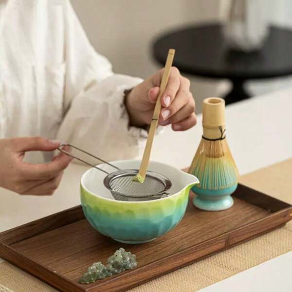 2pcs Gradient Ceramic Matcha Bowl & Scoop Set, Great Gift For Matcha Lovers, Suitable For Home Or Restaurant To Make Matcha Latte Back To School