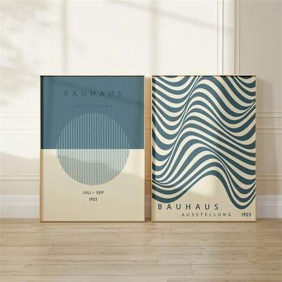 1 件/2 件包豪斯展览墙面艺术装饰海报抽象几何现代蓝色风格帆布印刷中世纪时尚绘画适用于客厅卧室家庭办公室宿舍装饰墙面背景设计图片可选框架