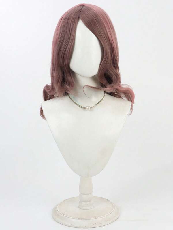 17-Inch Ombre Pink-Brown Cosplay Wig, Medium Length Wavy Hair With Bangs, Unisex Stylish For Red Carpet, Synthetic Fiber Wig Suitable For Party, Costume, Halloween, Christmas, Daily Wear, 1pc Wig Cap