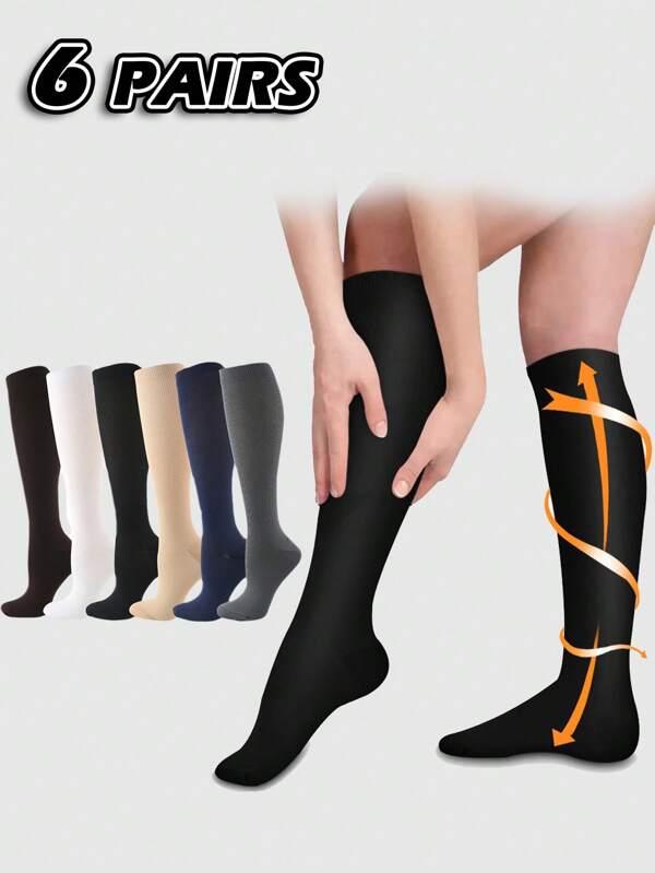 6 Paar einfarbige Kompressionsstrümpfe, unisex geeignet für Basketball, Fußball, Radfahren, Laufen, Fitness Sport, einfache Druckstrümpfe für den Alltag