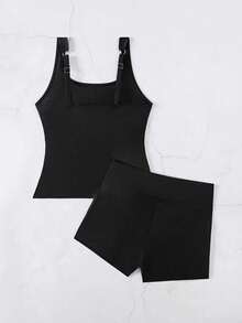 纯色 Tankini 比基尼泳装，适合度假海滩 - 黑色 - 查看 4