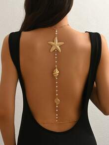 1pc New Summer Elegant Women Body Chain Backless Sexy Flower Bead Hollow Chain Necklace Waist Chain All-Match Accessory For Party, Vacation - Gold - View 4