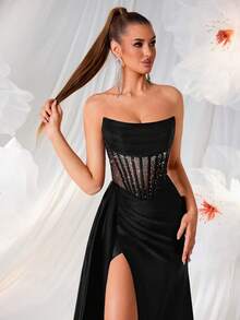 Women's Elegant Strapless, Diamond Hot Stamping, Hollowed Out High Waisted, Long Ribbon, Split Open, Backless Strap, And Floor Party Dress For Prom Birthday Party Evening Date Homecoming Party Wedding Guest Formal Dinner Family Festival - 黑色 - 查看 6