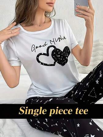 Casual Heart & Slogan Print Night Top, Short Sleeve Round Neck Stretchy Top, Women's Sleepwear