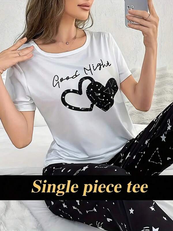 Top de noche informal con estampado de corazón y lema, top elástico de manga corta y cuello redondo, lencería para mujer