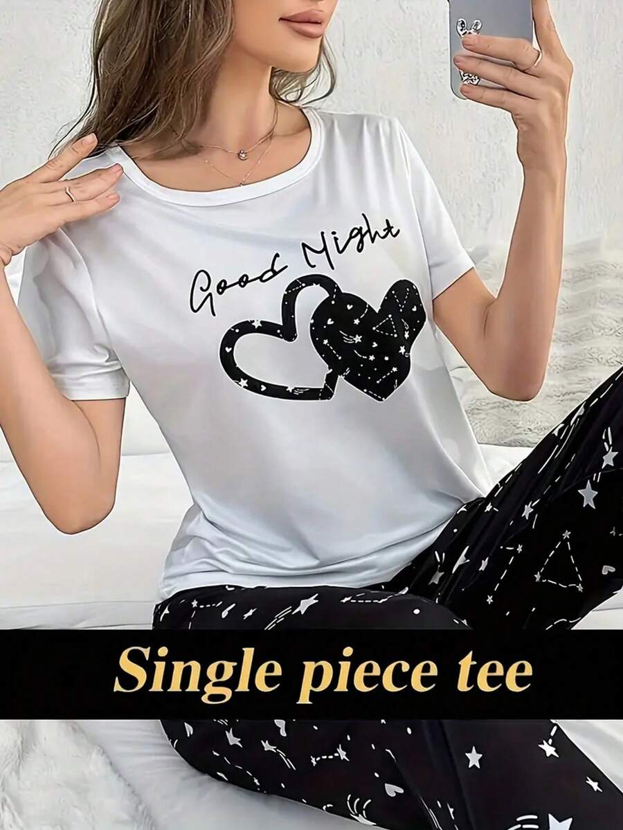 Casual Heart & Slogan Print Night Top, Short Sleeve Round Neck Stretchy Top, Women's Sleepwear - White - View 1