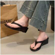 Red Wedge Flip-Flops For Women Summer Heeled Sandals Elegant Style For Dresses - Black - View 3