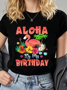 Decoraciones para fiesta de cumpleaños de estilo Aloha Hawai, con flamencos, flores y camisetas de verano para mujeres - Negro - Ver 1