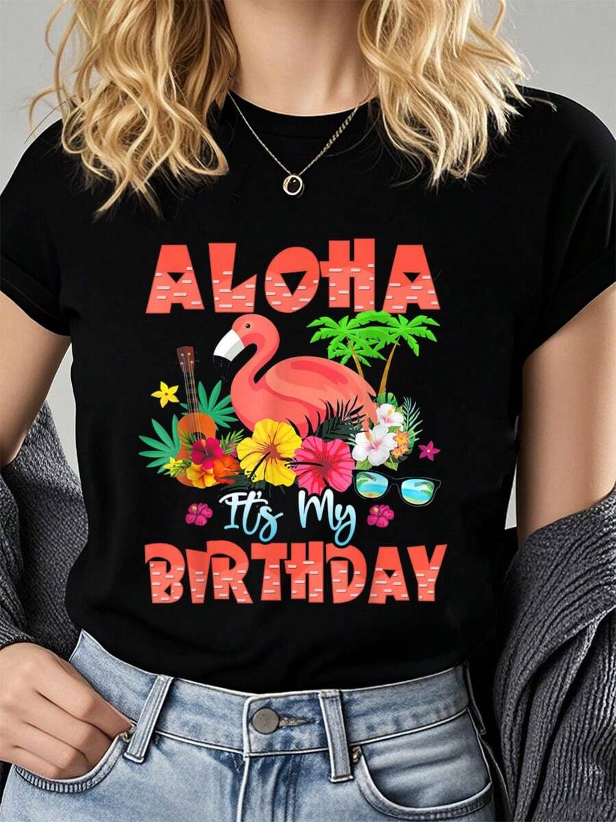 Decoraciones para fiesta de cumpleaños de estilo Aloha Hawai, con flamencos, flores y camisetas de verano para mujeres - Negro - Ver 1