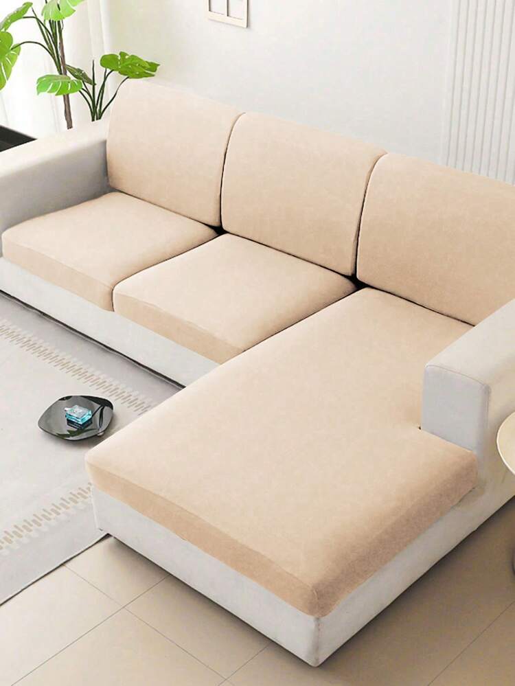 1pc Minimalist Solid Color Milk Silk Elastic Sofa Seat Cover, Suitable For All Seasons - Beige - View 7